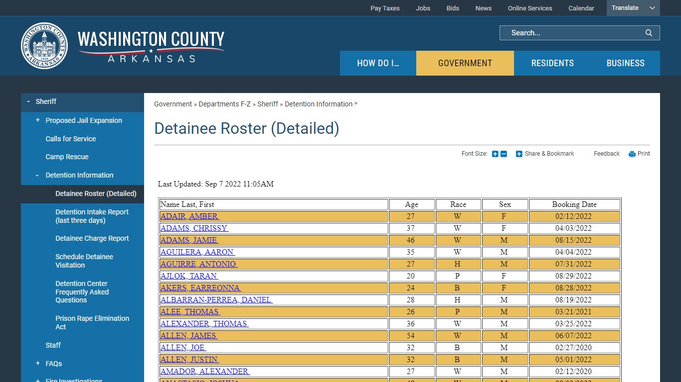 Detainee Roster (Detailed) | Washington County, AR